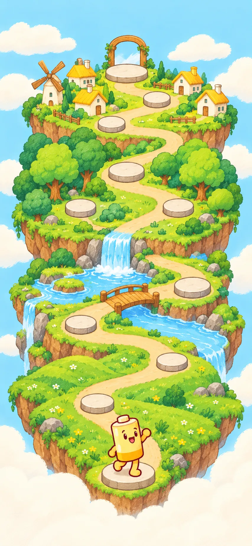 Level map: a winding path across floating islands, with the battery mascot at the start